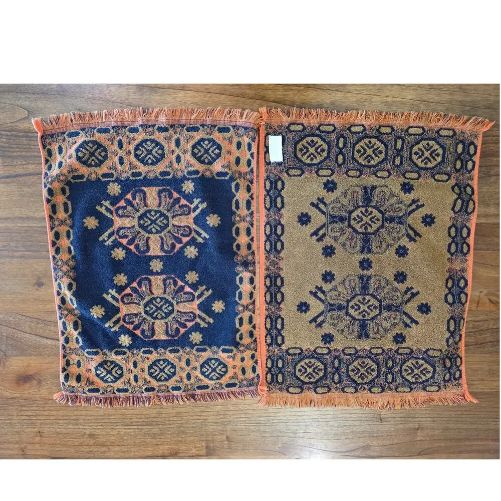 VTG MCM Fringed Jacquard Geometric Orange Avocado 70s Cotton Terry Hand Towels